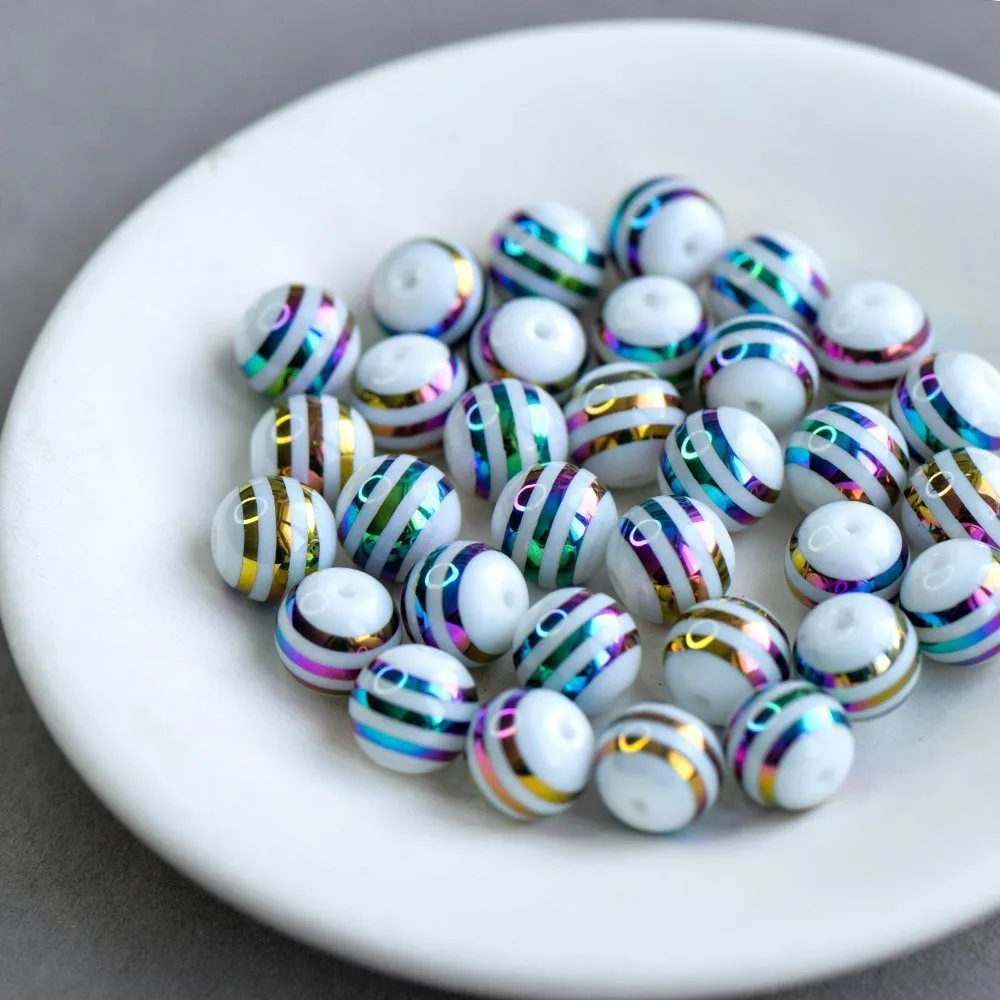 бусина, стекло "страйп", цвет белый/радужный, 10 мм
