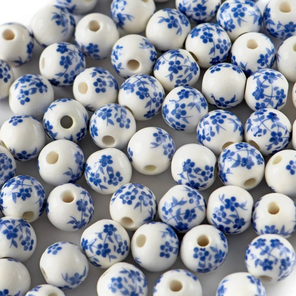 бусина, керамика "сакура", цвет бело-голубой, 10 мм