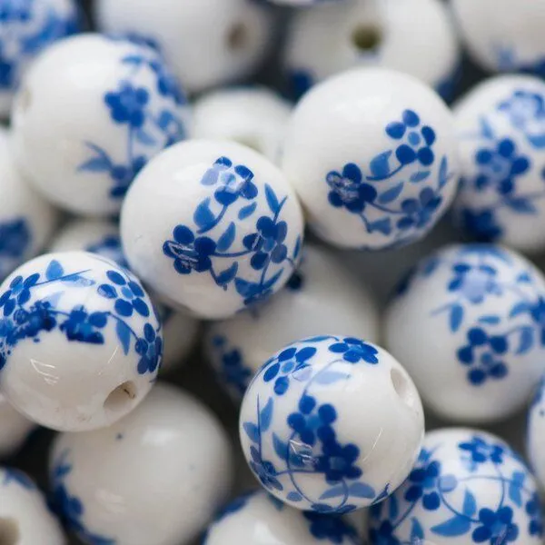 бусина, керамика "сакура", цвет бело-голубой, 14 мм